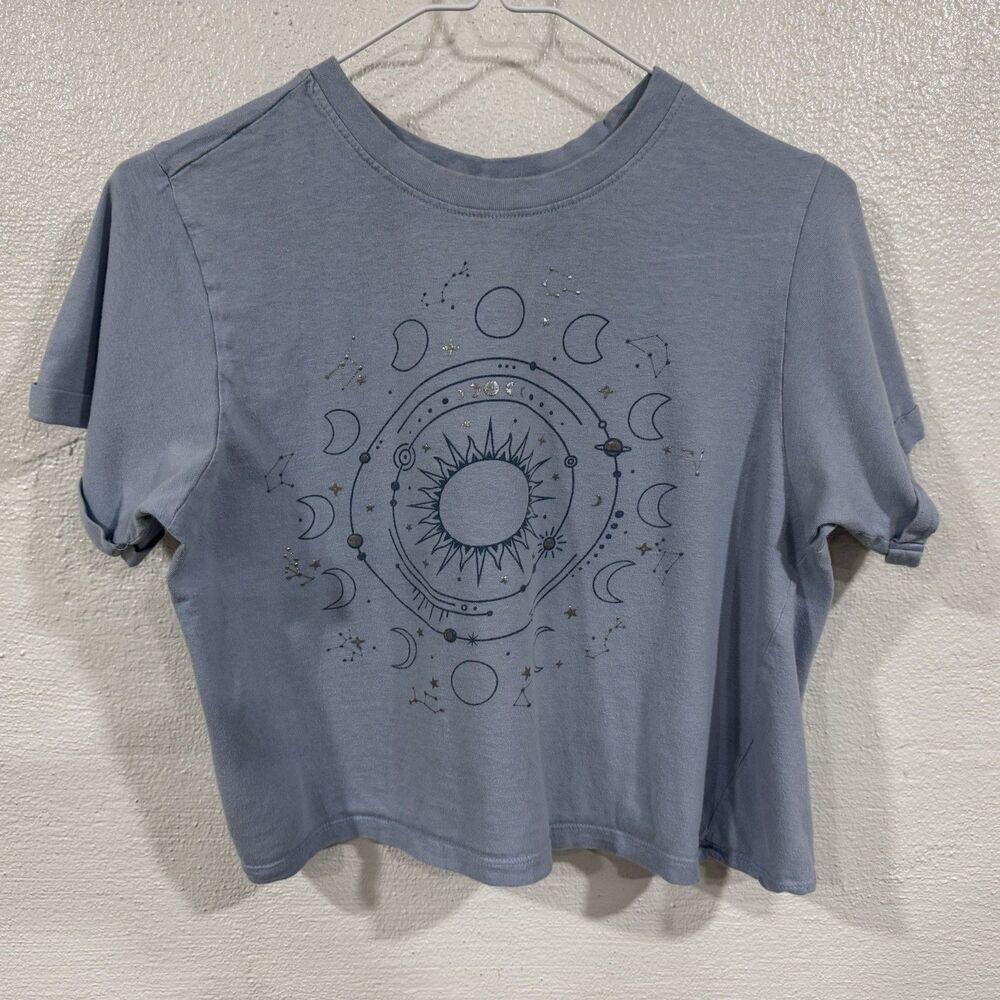 Vibe N  Girls XS Celestial Sun Moon Star Crop Top Shirt Blue Y2K Aesthetic Boho